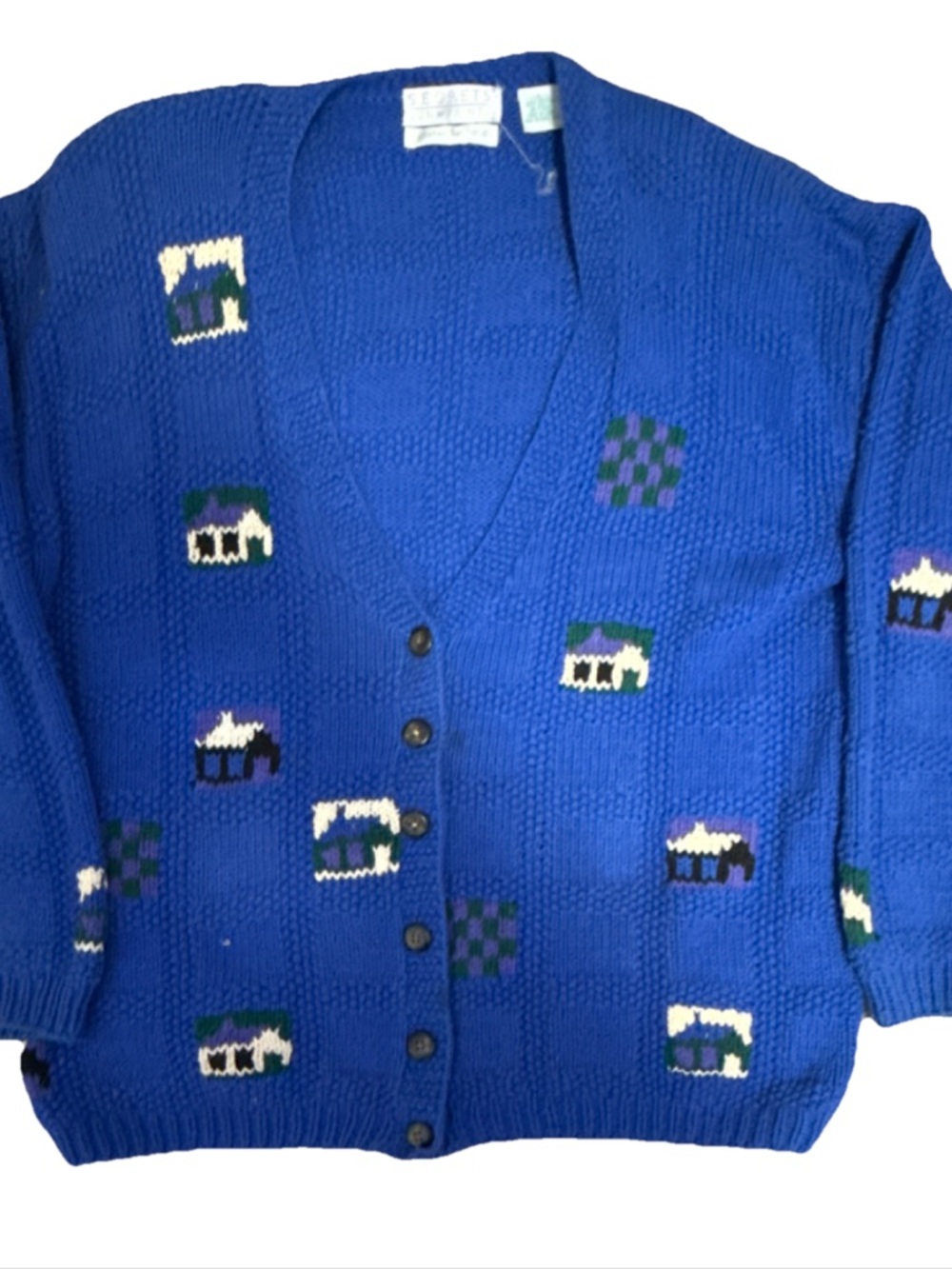 Vintage 80-90s Hand Knit Chunky Blue Grandpa Cardigan Shoulder Padded